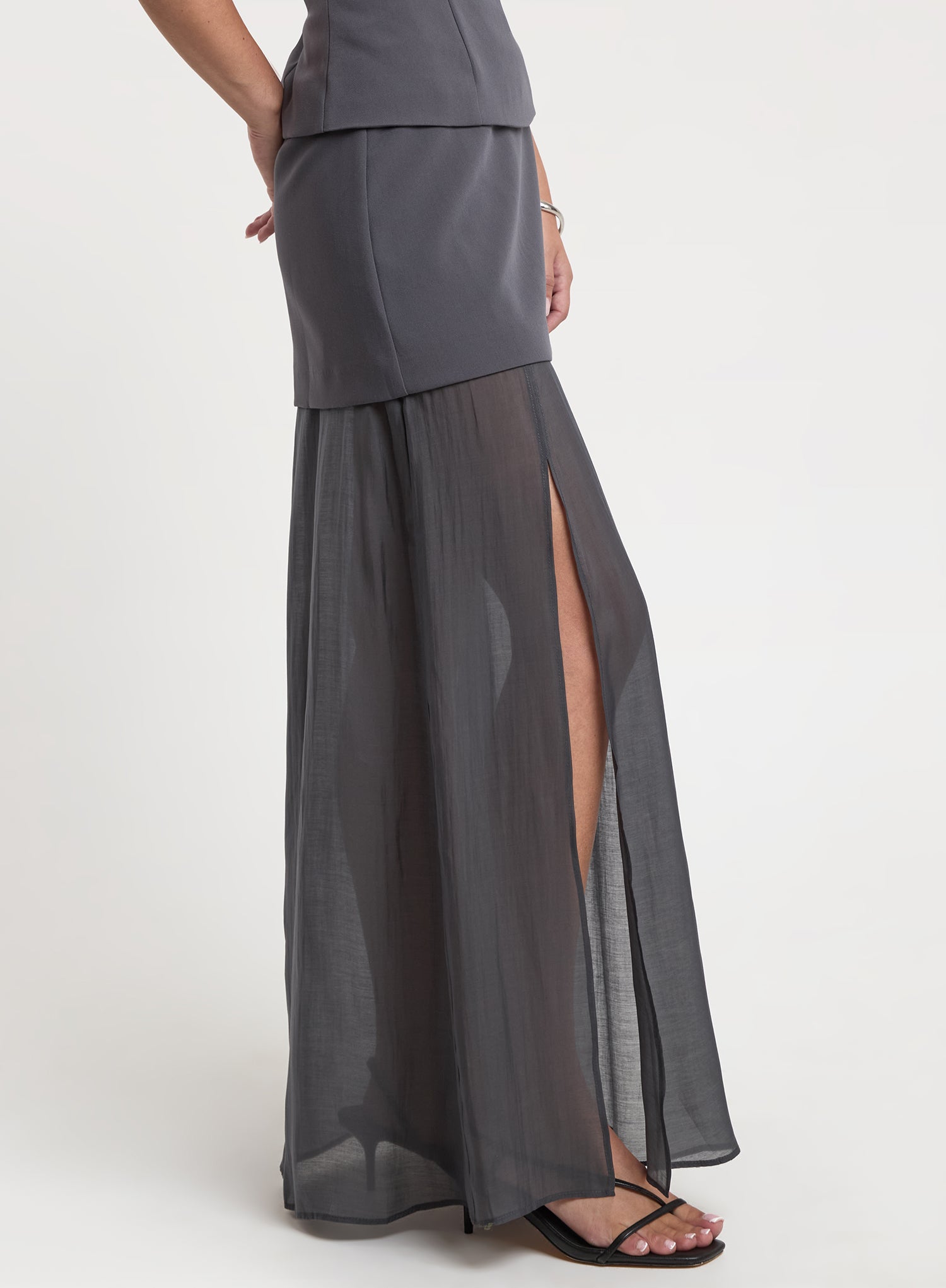 Grey Mesh Double Layer Maxi Skirt